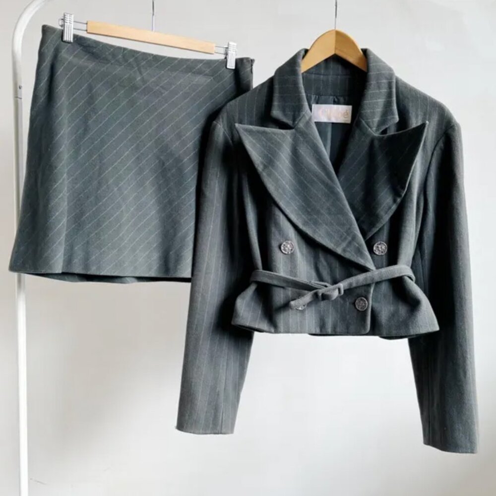 y2k chloe grey wool cropped blazer and mini skirt set